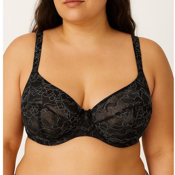 Cacique Black Lace Embroidered Balconette Bra Underwire Bow Size 46D - Picture 1 of 8